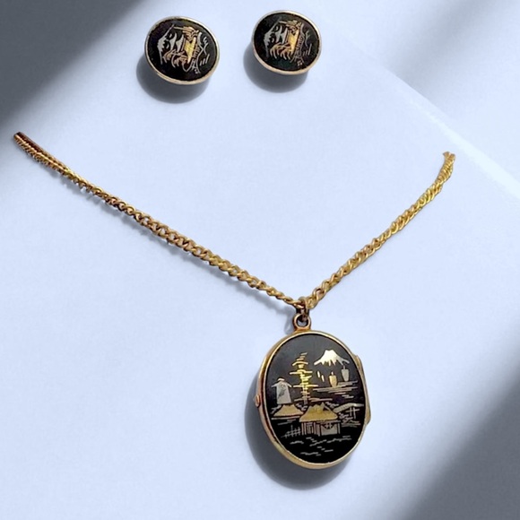 🌺Vintage 1940’s 24K Damascene Necklace & Earrings - Picture 9 of 15